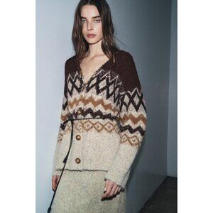 ZARA SEQUINED JACQUARD KNIT CARDIGAN WITH BELT